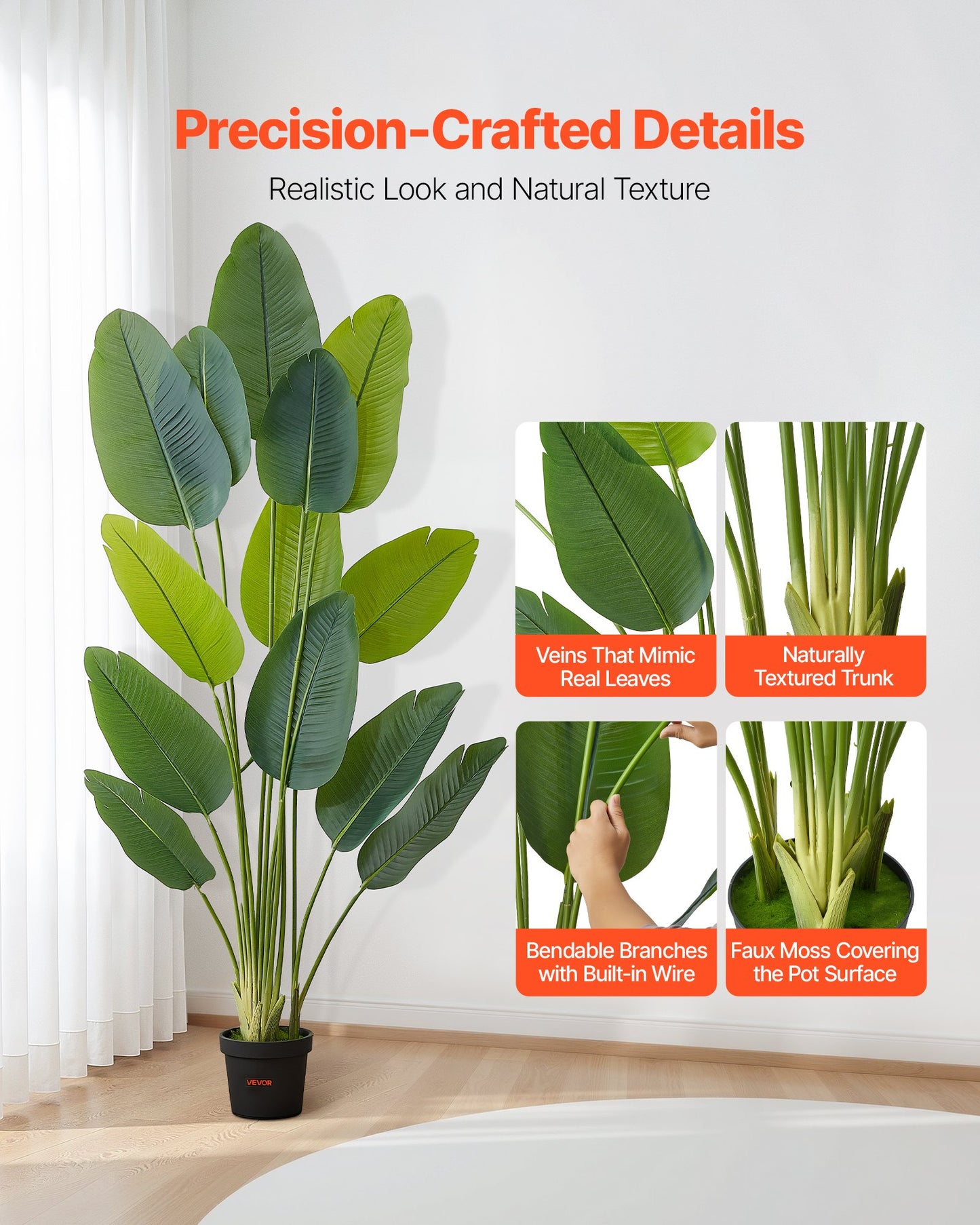 Künstlicher Paradiesvogel (1829 mm hoch), künstliche Tropenpflanze mit 13 Stämmen und weißem Topf, künstlicher Seidenbaum für den Boden, großer Baum für Zuhause, Büro, Wohnzimmer, Einweihungsparty, für drinnen und draußen