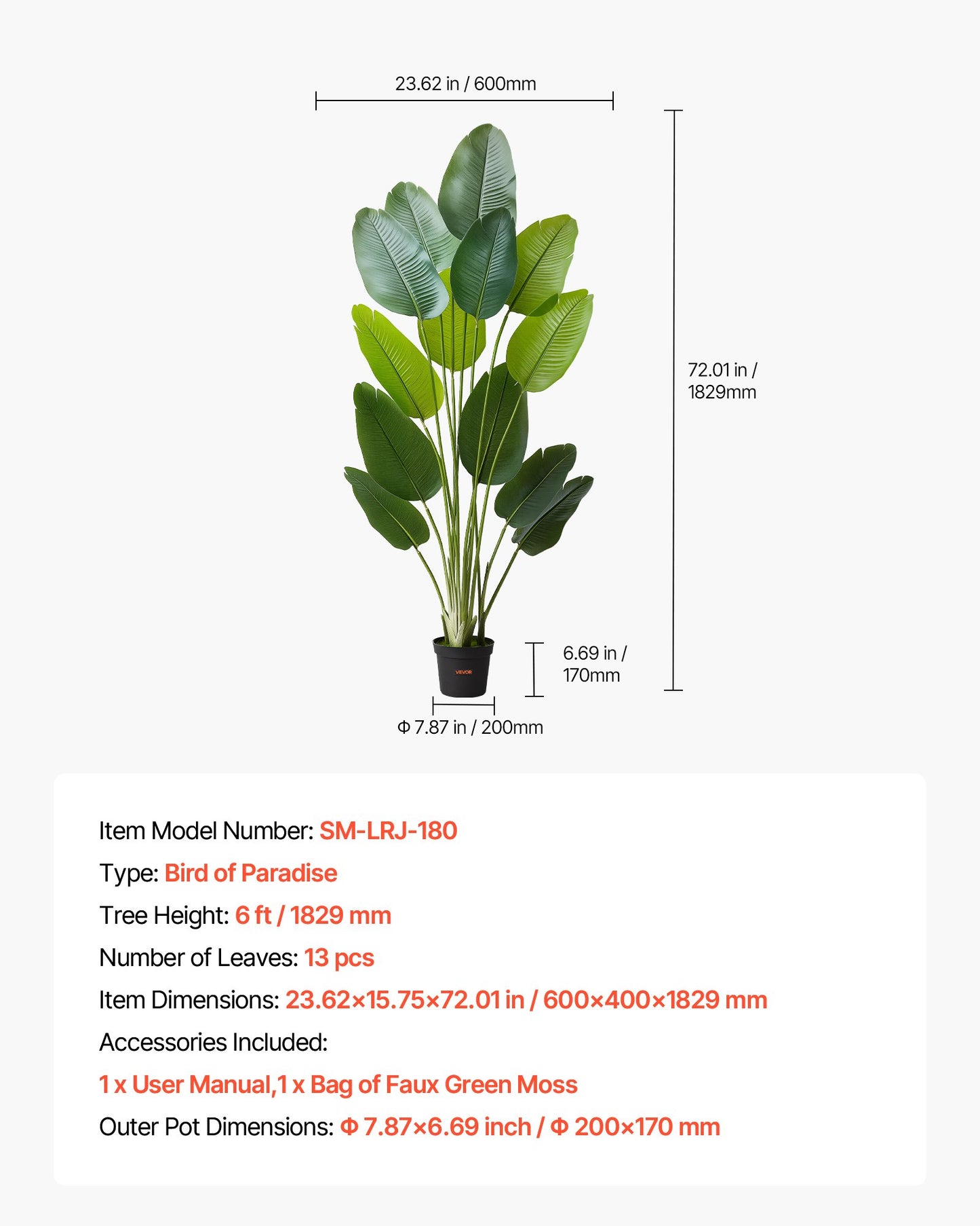 Künstlicher Paradiesvogel (1829 mm hoch), künstliche Tropenpflanze mit 13 Stämmen und weißem Topf, künstlicher Seidenbaum für den Boden, großer Baum für Zuhause, Büro, Wohnzimmer, Einweihungsparty, für drinnen und draußen
