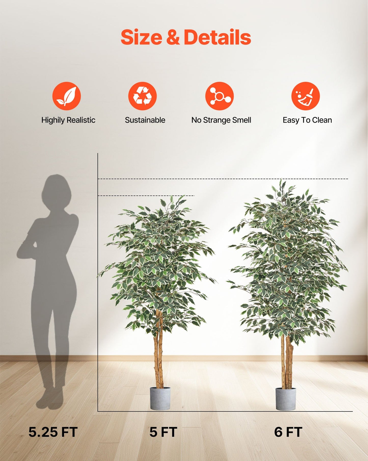 Künstlicher Ficus (150 cm) mit schwarzem Topf, hohe Kunstpflanze mit naturgetreuem Holzstamm und realistischen grünen Blättern, dekorativer Seidenbaum für den Innenbereich, ideal für Zuhause, Büro, Wohnzimmer oder als Eckdekoration.