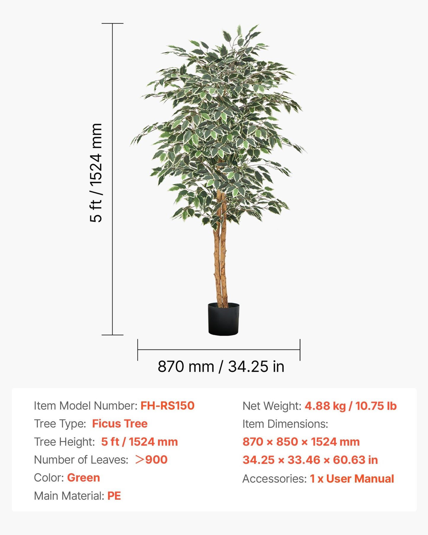 Künstlicher Ficus (150 cm) mit schwarzem Topf, hohe Kunstpflanze mit naturgetreuem Holzstamm und realistischen grünen Blättern, dekorativer Seidenbaum für den Innenbereich, ideal für Zuhause, Büro, Wohnzimmer oder als Eckdekoration.