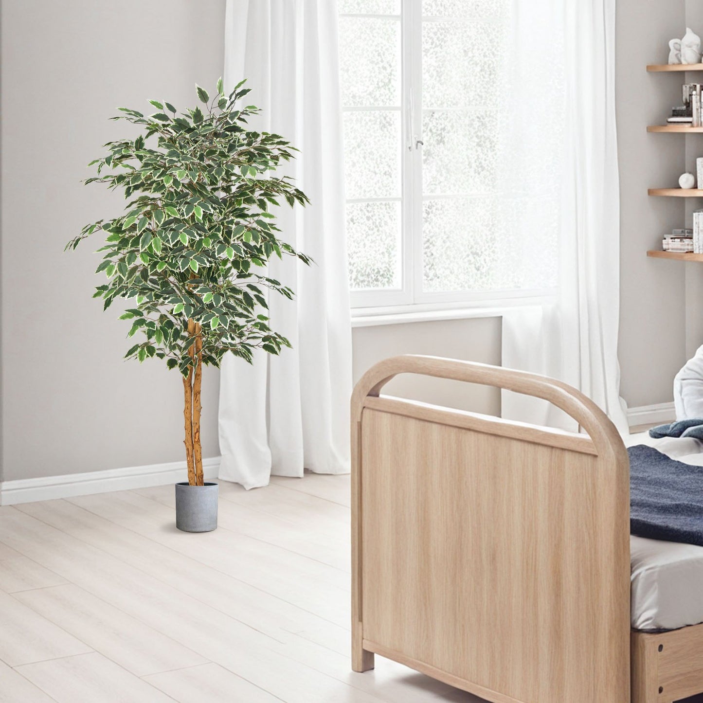 Künstlicher Ficus (150 cm) mit schwarzem Topf, hohe Kunstpflanze mit naturgetreuem Holzstamm und realistischen grünen Blättern, dekorativer Seidenbaum für den Innenbereich, ideal für Zuhause, Büro, Wohnzimmer oder als Eckdekoration.