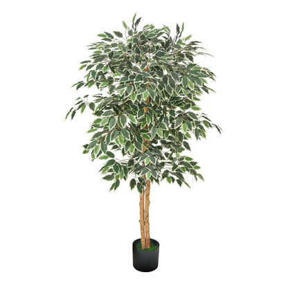 Künstlicher Ficus (150 cm) mit schwarzem Topf, hohe Kunstpflanze mit naturgetreuem Holzstamm und realistischen grünen Blättern, dekorativer Seidenbaum für den Innenbereich, ideal für Zuhause, Büro, Wohnzimmer oder als Eckdekoration.