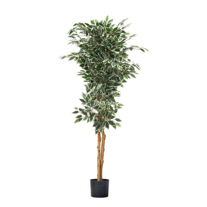 Künstlicher Ficus (150 cm) mit schwarzem Topf, hohe Kunstpflanze mit naturgetreuem Holzstamm und realistischen grünen Blättern, dekorativer Seidenbaum für den Innenbereich, ideal für Zuhause, Büro, Wohnzimmer oder als Eckdekoration.