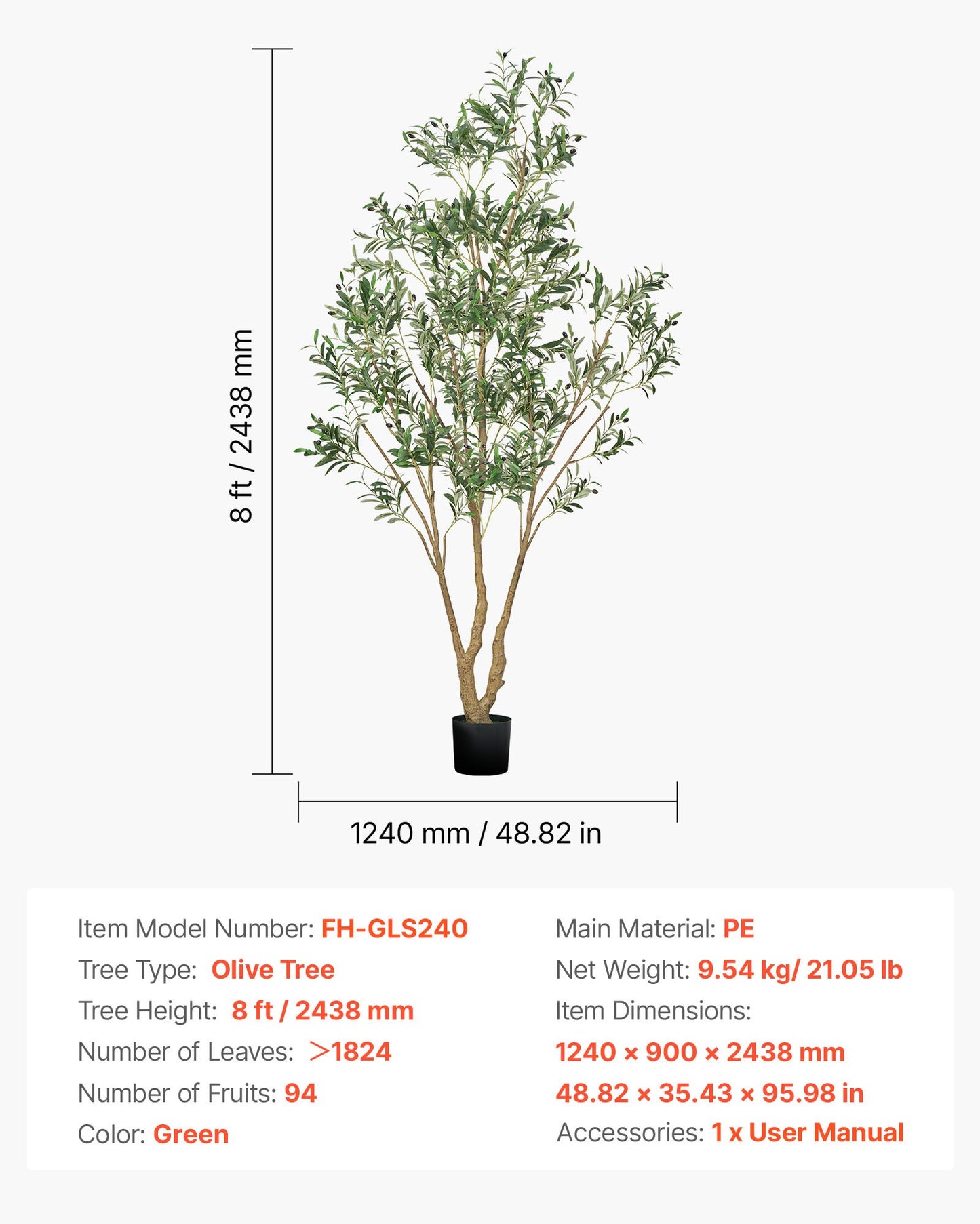 240cm Artificial Olive Tree with Black Pot, Tall Fake Tree with Natural Wood Trunk & Realistic Green Leaves and Fruits, Indoor Faux Plant for Home, Office, Living Room, Corner Decor