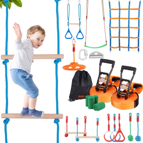 Ninja Warrior Obstacle Course for Kids, 2 x 50 ft Weatherproof Slacklines, 500lbs Weight Capacity Monkey Line, Outdoor Playset Equipment, Backyard Toys Training Equipment Set with 12 Obstacles