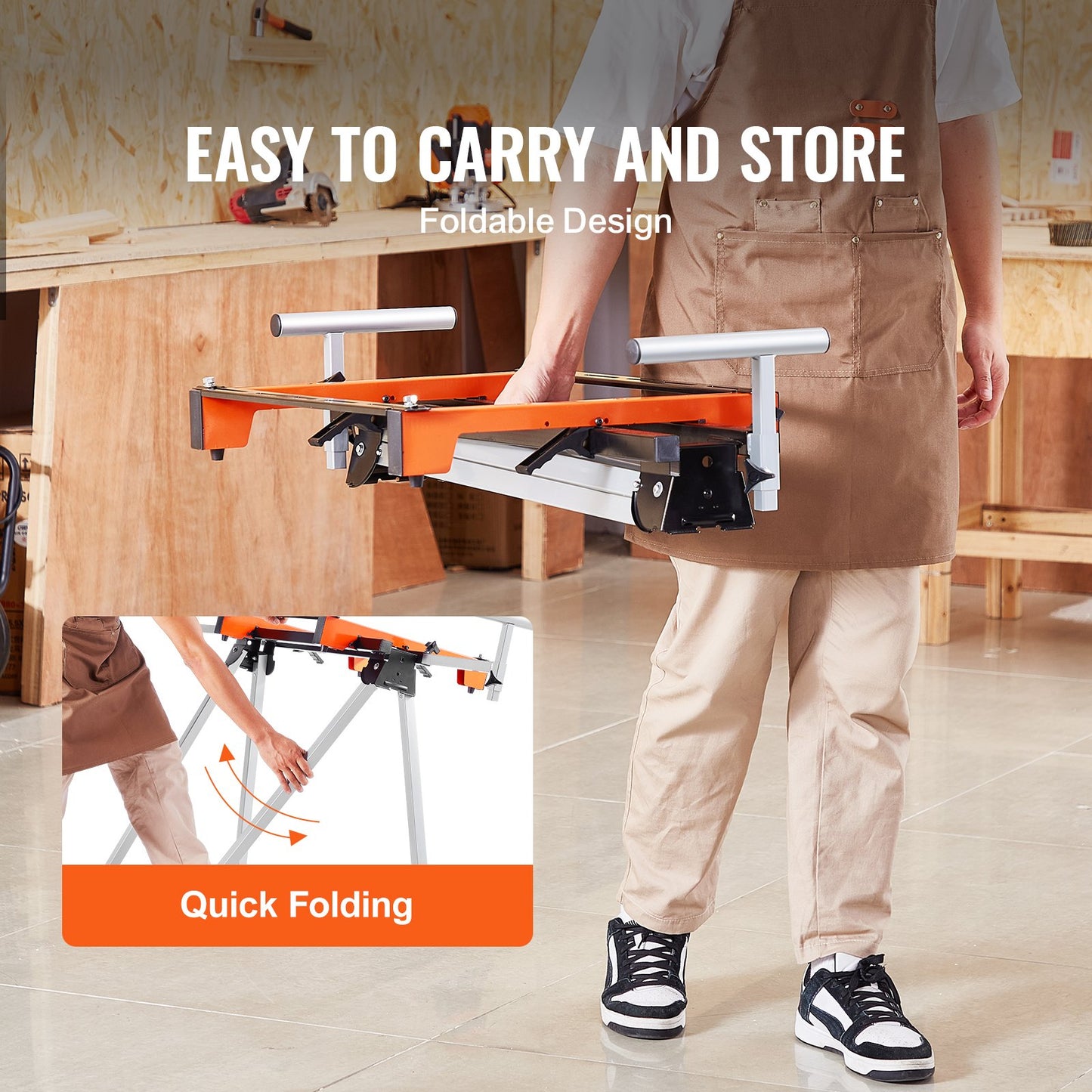 Gehrungssägenständer, 136 kg Tragkraft, zusammenklappbarer Stahlständer für Gehrungssägen mit einteiligen Montagehalterungen und Klemmen, höhen- und längenverstellbar, tragbarer, kompakter und faltbarer Gehrungssägenständer
