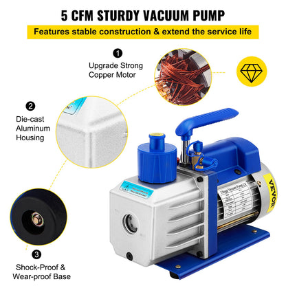 Vacuum Chamber with Pump Vacuum Chamber Kit 5 Gal/18.9 L 5CFM 1/3HP Single Stage