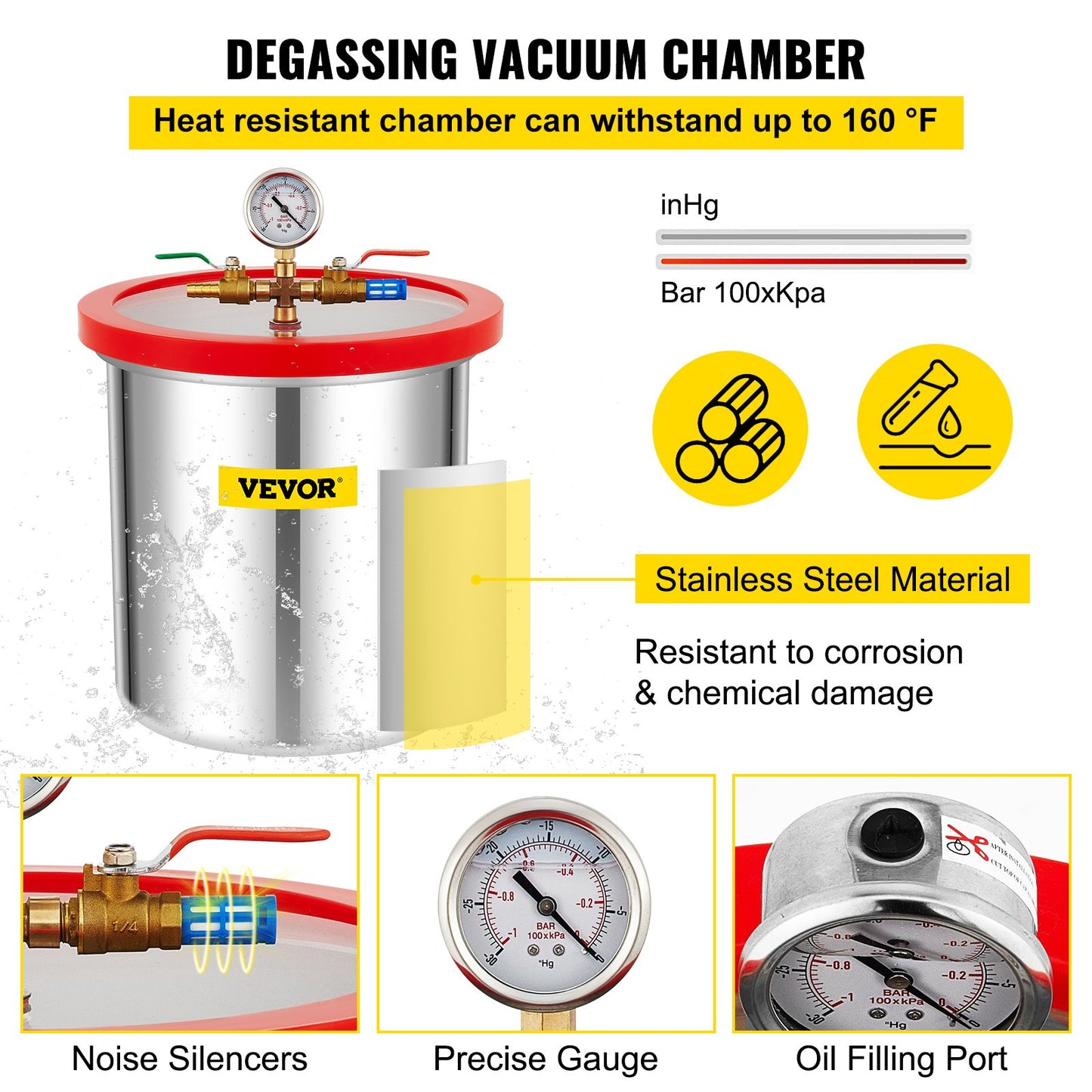 Vacuum Chamber with Pump Vacuum Chamber Kit 5 Gal/18.9 L 5CFM 1/3HP Single Stage