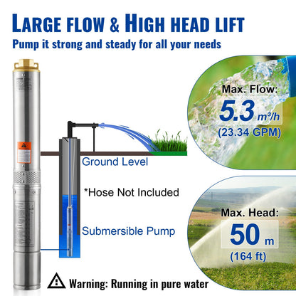 Deep Well Submersible Pump, 370W 230V 50Hz, 5.3 m³/h Max Flow 50 m(164 ft) Max Head, with 9.1 m Electric Cord, Stainless Steel Water Pumps for Industrial Irrigation and Home Use, IP68 Waterproof Grade