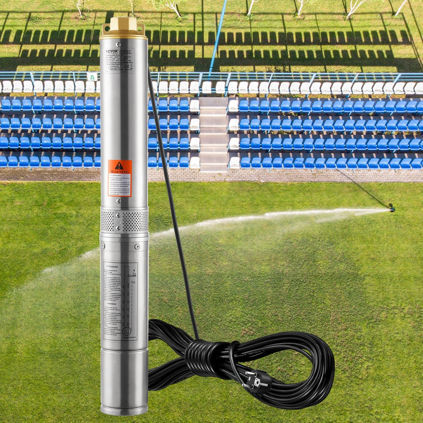 Deep Well Submersible Pump, 370W 230V 50Hz, 5.3 m³/h Max Flow 50 m(164 ft) Max Head, with 9.1 m Electric Cord, Stainless Steel Water Pumps for Industrial Irrigation and Home Use, IP68 Waterproof Grade