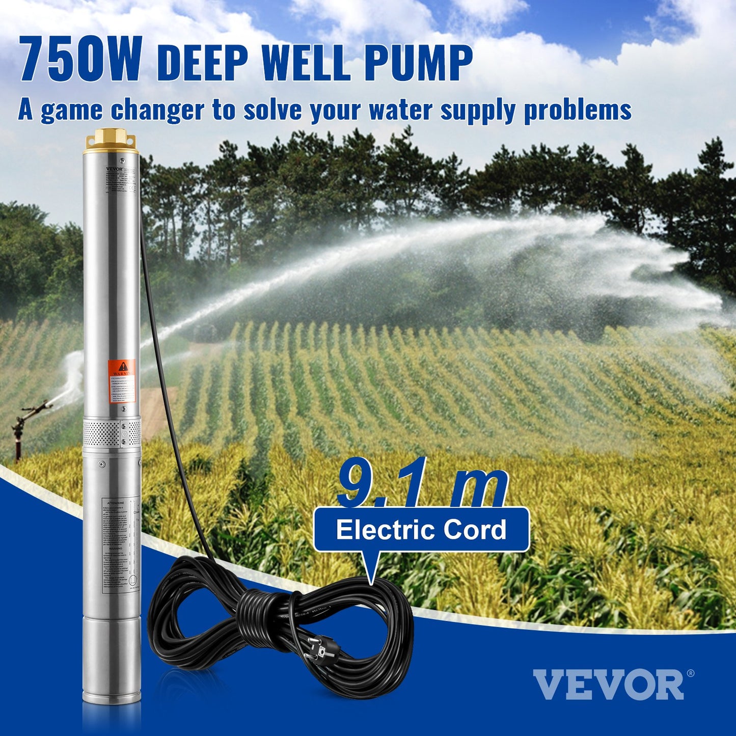 Deep Well Submersible Pump, 750W 230V 60Hz, 7.1 m³/h Max Flow 75 m Max Head, with 9.1 m Electric Cord, Stainless Steel Water Pump for Industrial, Irrigation&Home Use, IP68 Waterproof Grade