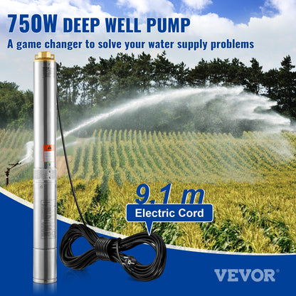 Deep Well Submersible Pump, 750W 230V 60Hz, 7.1 m³/h Max Flow 75 m Max Head, with 9.1 m Electric Cord, Stainless Steel Water Pump for Industrial, Irrigation&Home Use, IP68 Waterproof Grade