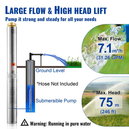 Deep Well Submersible Pump, 750W 230V 60Hz, 7.1 m³/h Max Flow 75 m Max Head, with 9.1 m Electric Cord, Stainless Steel Water Pump for Industrial, Irrigation&Home Use, IP68 Waterproof Grade