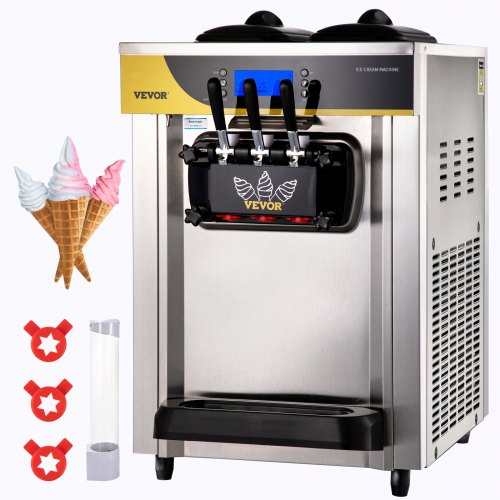 Commercial Ice Cream Maker, 22-30L/H Yield, 2200W Countertop Soft Serve Machine with 2x6L Hopper 2L Cylinder LCD Panel Puffing Shortage Alarm, Frozen Yogurt Maker for Restaurant Snack Bar, Silve