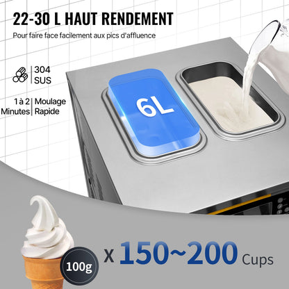 Commercial Ice Cream Maker, 22-30L/H Yield, 2200W Countertop Soft Serve Machine with 2x6L Hopper 2L Cylinder LCD Panel Puffing Shortage Alarm, Frozen Yogurt Maker for Restaurant Snack Bar, Silve