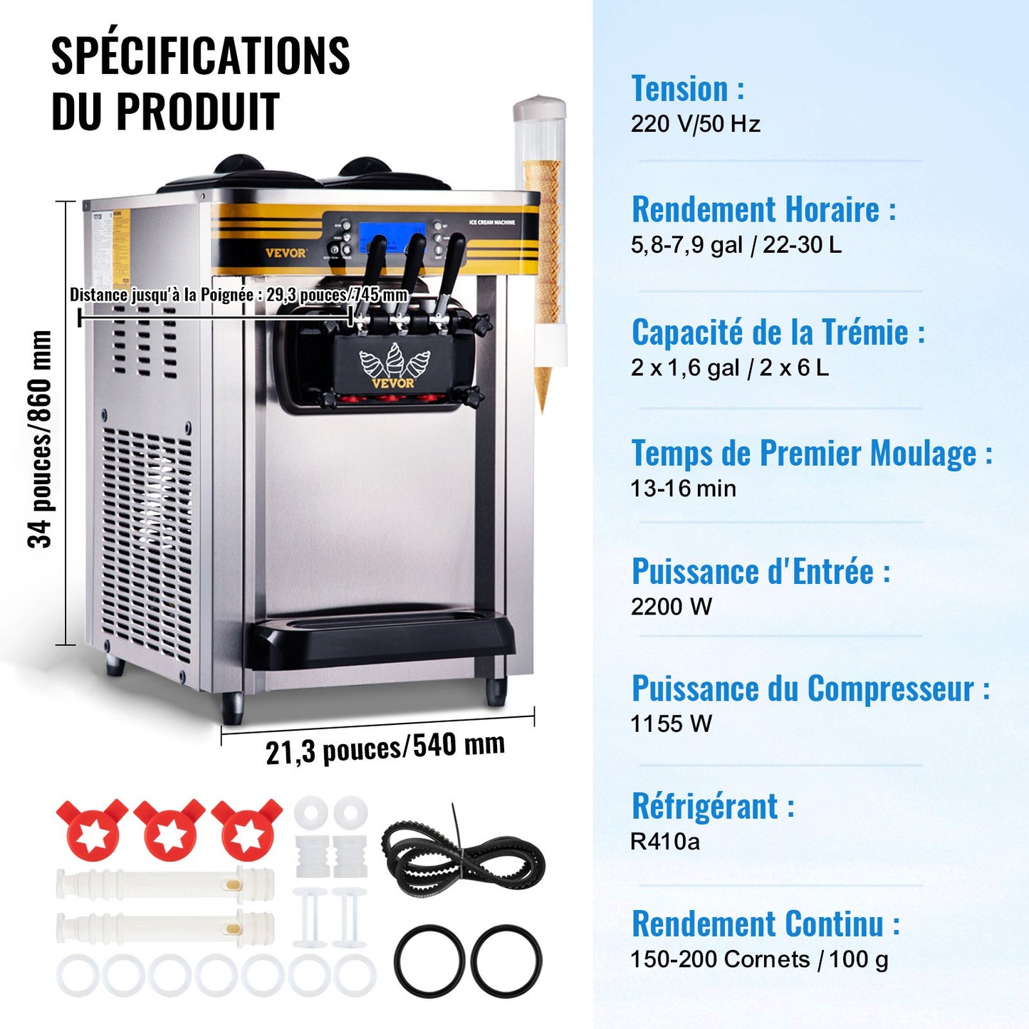 Commercial Ice Cream Maker, 22-30L/H Yield, 2200W Countertop Soft Serve Machine with 2x6L Hopper 2L Cylinder LCD Panel Puffing Shortage Alarm, Frozen Yogurt Maker for Restaurant Snack Bar, Silve