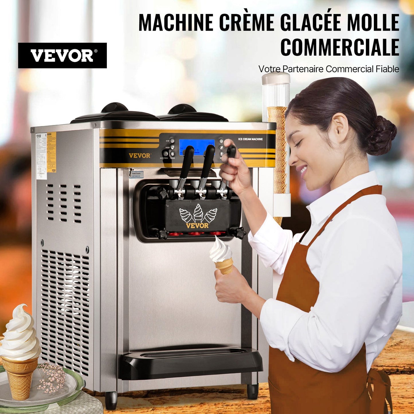 Commercial Ice Cream Maker, 22-30L/H Yield, 2350W Countertop Soft Serve Machine with 2x6L Hopper 2L Cylinder LCD Panel Puffing Shortage Alarm, Frozen Yogurt Maker for Restaurant Snack Bar, Silve