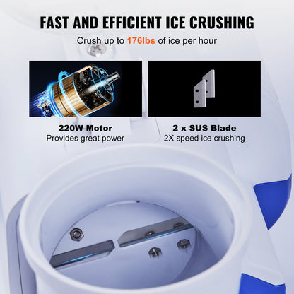 Electric Ice Crusher Machine 176LBS/Hr Snow Cone Maker Shaved Ice 180W