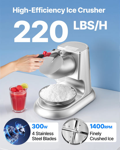Ice Crusher Machine, 100kg Per Hour Electric 4 Blades Snow Cone Maker, Stainless Steel Shaved Ice Machine with Bowl and Cover, 300W 2000RPM Ice-Shaver for Home and Commercial Use, Silver