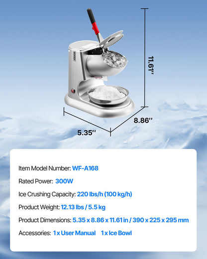 Ice Crusher Machine, 100kg Per Hour Electric 4 Blades Snow Cone Maker, Stainless Steel Shaved Ice Machine with Bowl and Cover, 300W 2000RPM Ice-Shaver for Home and Commercial Use, Silver