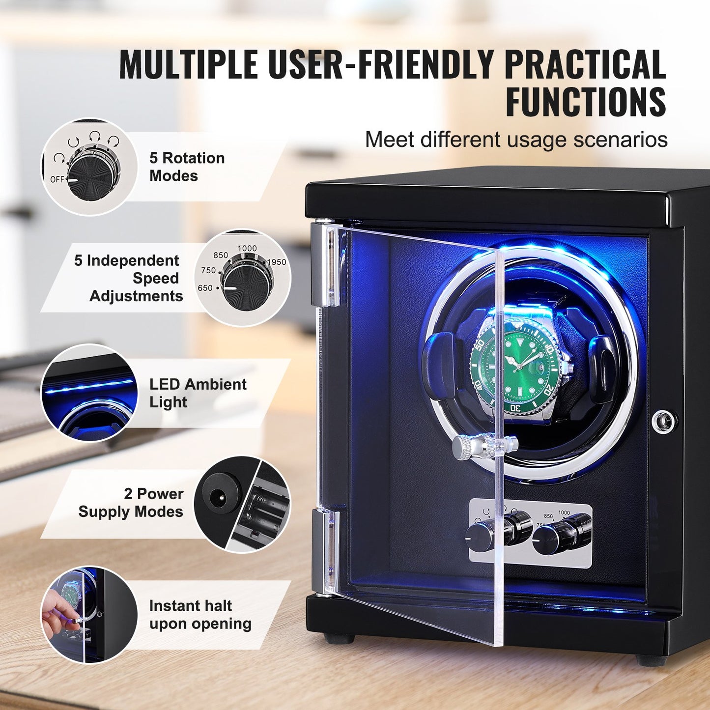 Watch Winder, Single Watch Winder for Men's and Women's Automatic Watch, with Super Quiet Japanese Mabuchi Motor, Blue LED Light and Adapter, High-Density Board Shell and Black PU