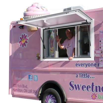 Concession Window for Food Truck, 36"x24" Aluminum Alloy Service Window, Up to 85 Degrees Serving Window with 2 Sliding Windows & Awning Door & Drag Hook, for Food Truck Concession Trailer