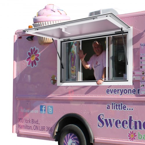 Concession Window for Food Truck, 36"x24" Aluminum Alloy Service Window, Up to 85 Degrees Serving Window with 2 Sliding Windows & Awning Door & Drag Hook, for Food Truck Concession Trailer
