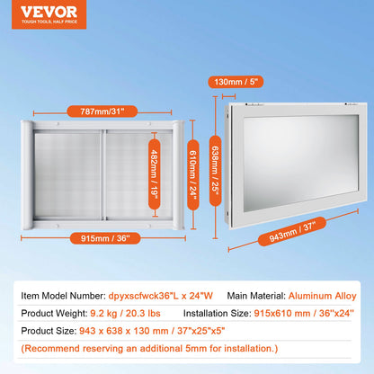 Concession Window for Food Truck, 36"x24" Aluminum Alloy Service Window, Up to 85 Degrees Serving Window with 2 Sliding Windows & Awning Door & Drag Hook, for Food Truck Concession Trailer
