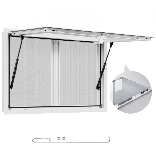 Concession Window 92x61 cm, Aluminum Alloy Service Window for Food Truck, Up to 85 Degrees Stand Serving Window with 2 Sliding Windows, Awning Door, and Drag Hook, for Concession Trailers