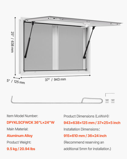 Concession Window 92x61 cm, Aluminum Alloy Service Window for Food Truck, Up to 85 Degrees Stand Serving Window with 2 Sliding Windows, Awning Door, and Drag Hook, for Concession Trailers
