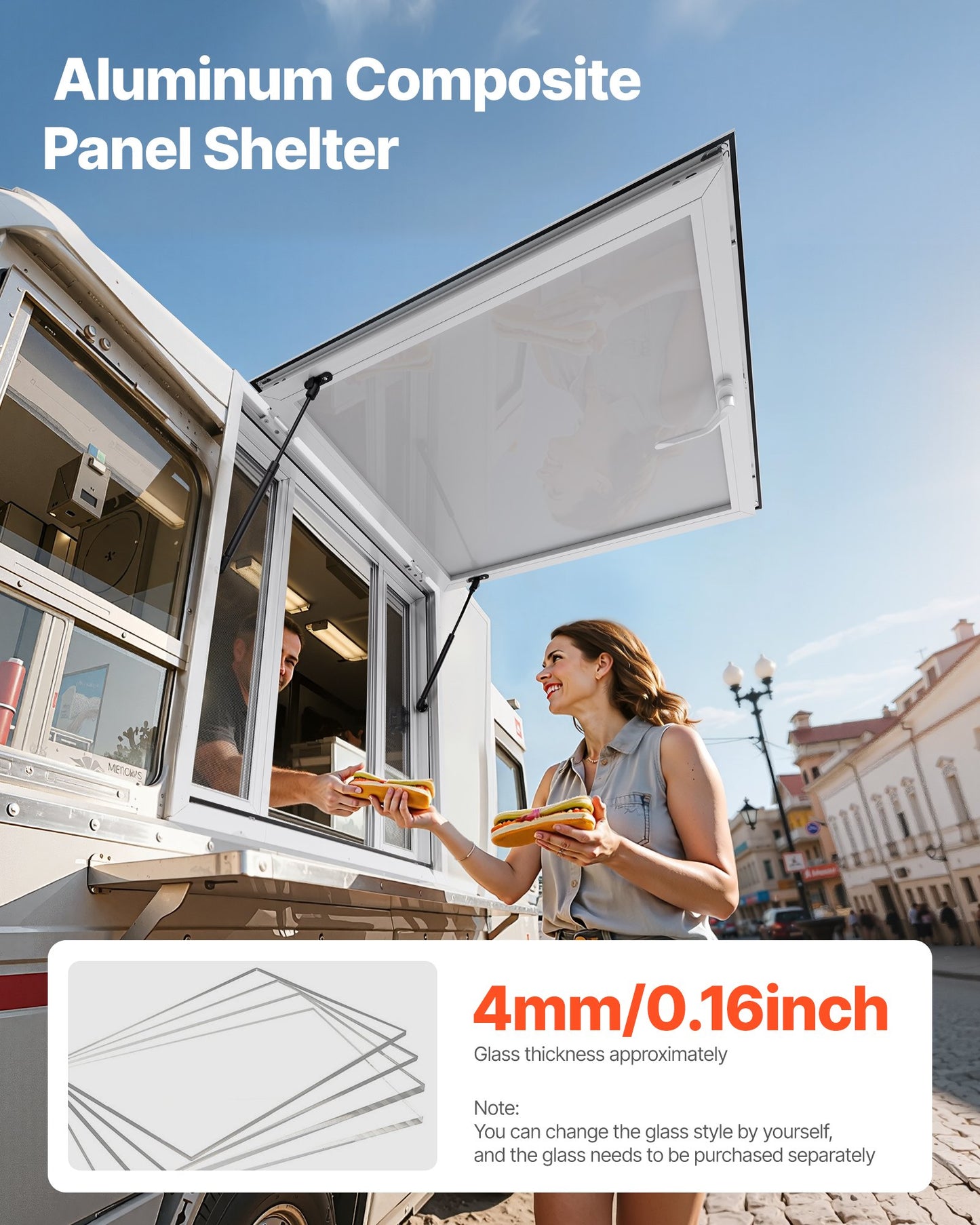 Concession Window 92x92 cm, Aluminum Alloy Service Window for Food Truck, Up to 85 Degrees Stand Serving Window with 4 Sliding Windows, Awning Door, and Drag Hook, for Concession Trailers