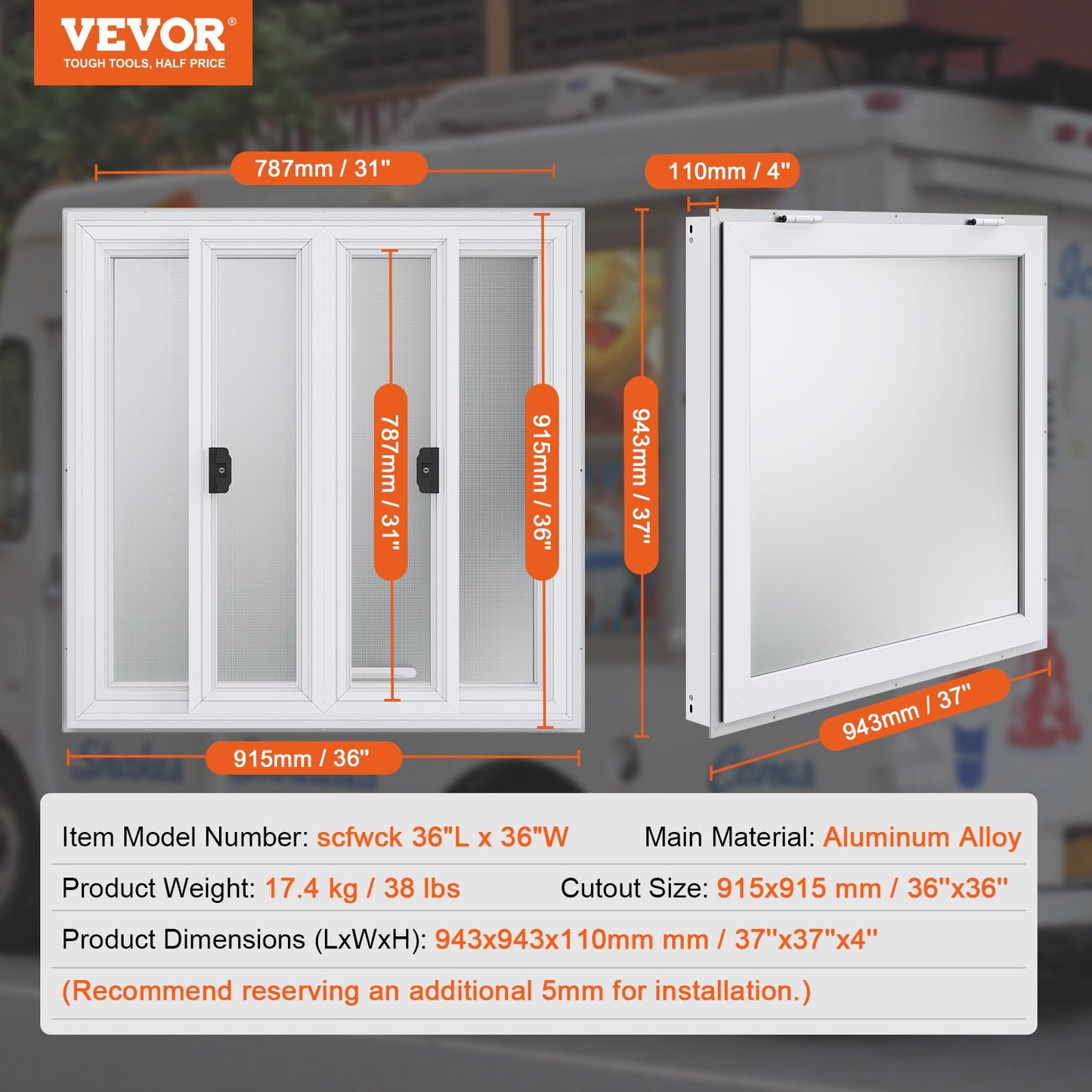 Concession Window 36"x36", Aluminum Alloy Food Truck Service Window with 4 Horizontal Sliding Windows & Awning Door & Drag Hook, Up to 85 Degrees Serving Window for Food Truck Concession Trailer