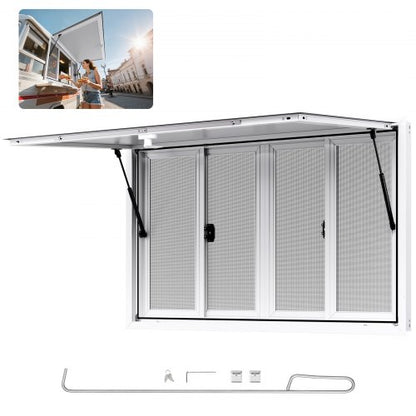 Concession Window 135x84 cm, Aluminum Alloy Service Window for Food Truck, Up to 85 Degrees Stand Serving Window with 4 Sliding Windows, Awning Door, and Drag Hook, for Concession Trailers