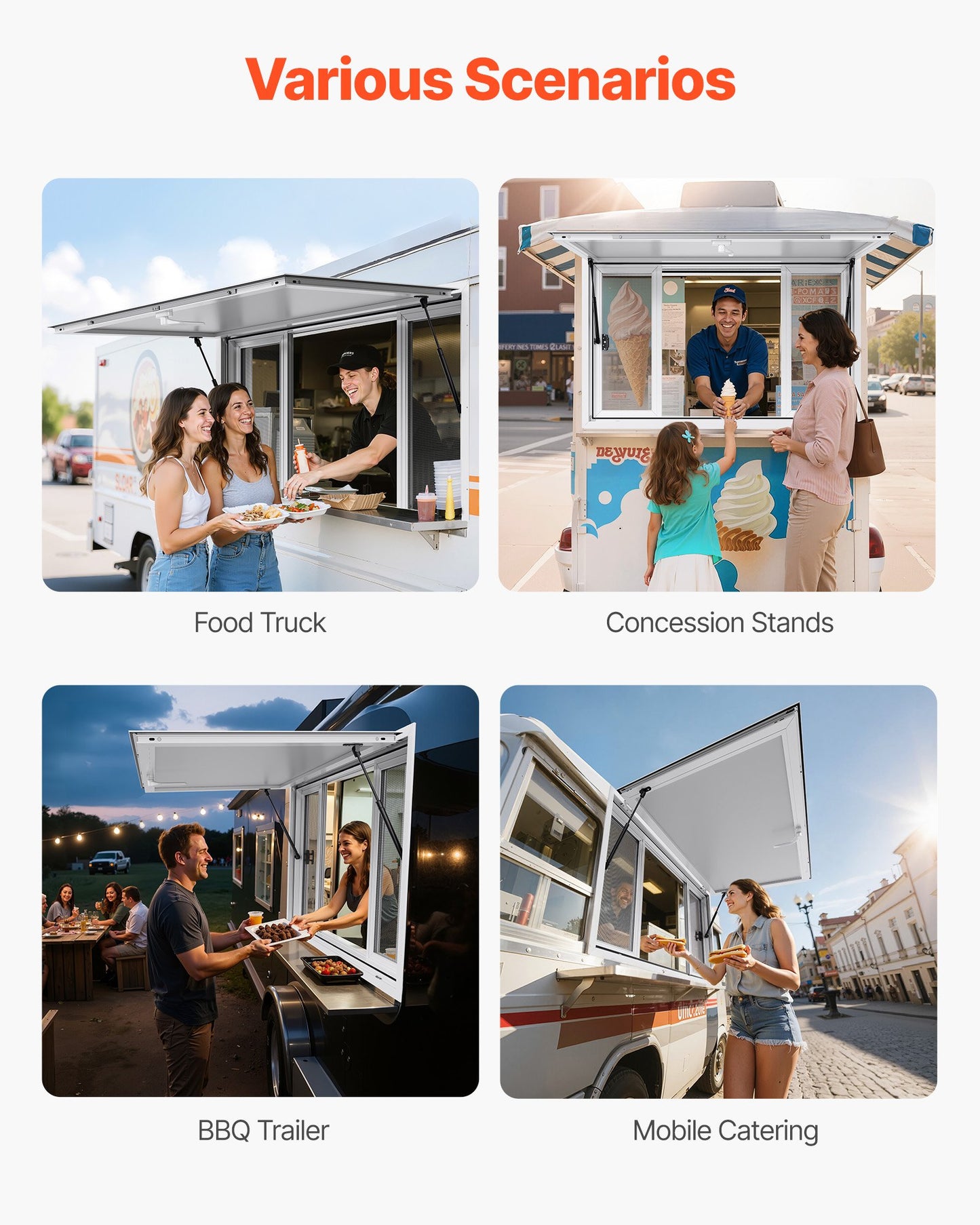 Concession Window 135x84 cm, Aluminum Alloy Service Window for Food Truck, Up to 85 Degrees Stand Serving Window with 4 Sliding Windows, Awning Door, and Drag Hook, for Concession Trailers