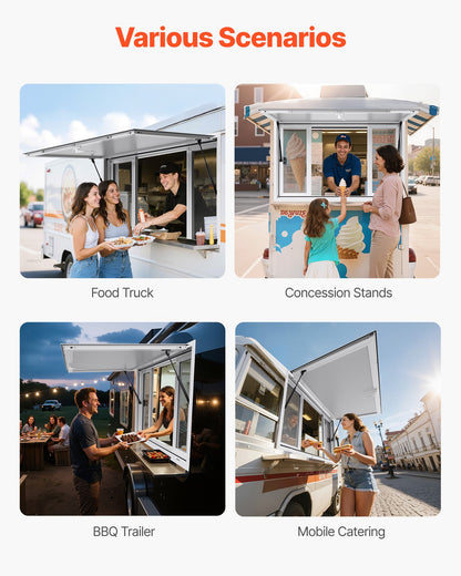 Concession Window 135x84 cm, Aluminum Alloy Service Window for Food Truck, Up to 85 Degrees Stand Serving Window with 4 Sliding Windows, Awning Door, and Drag Hook, for Concession Trailers