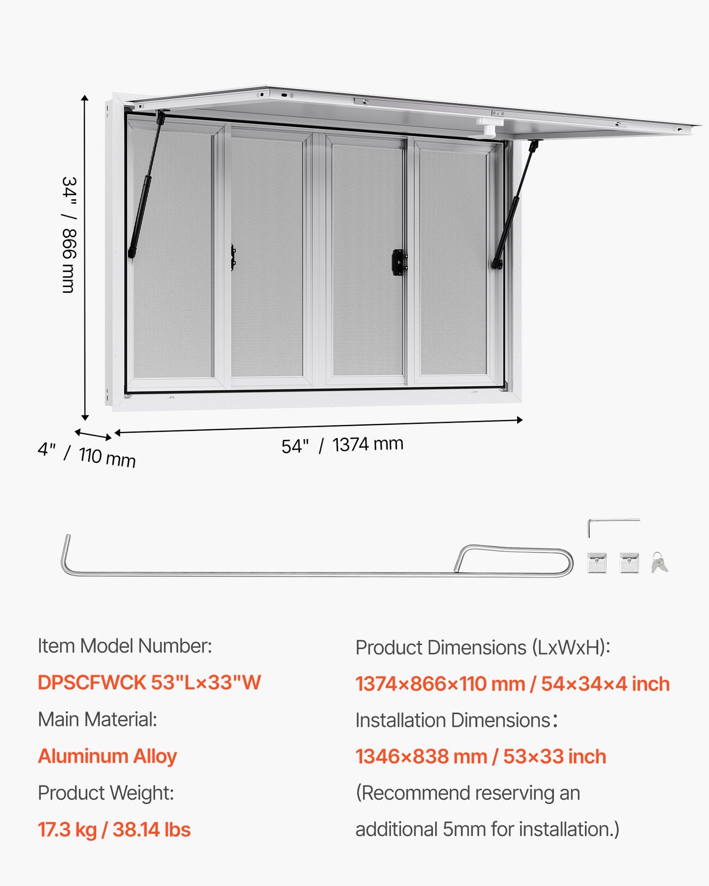 Concession Window 135x84 cm, Aluminum Alloy Service Window for Food Truck, Up to 85 Degrees Stand Serving Window with 4 Sliding Windows, Awning Door, and Drag Hook, for Concession Trailers
