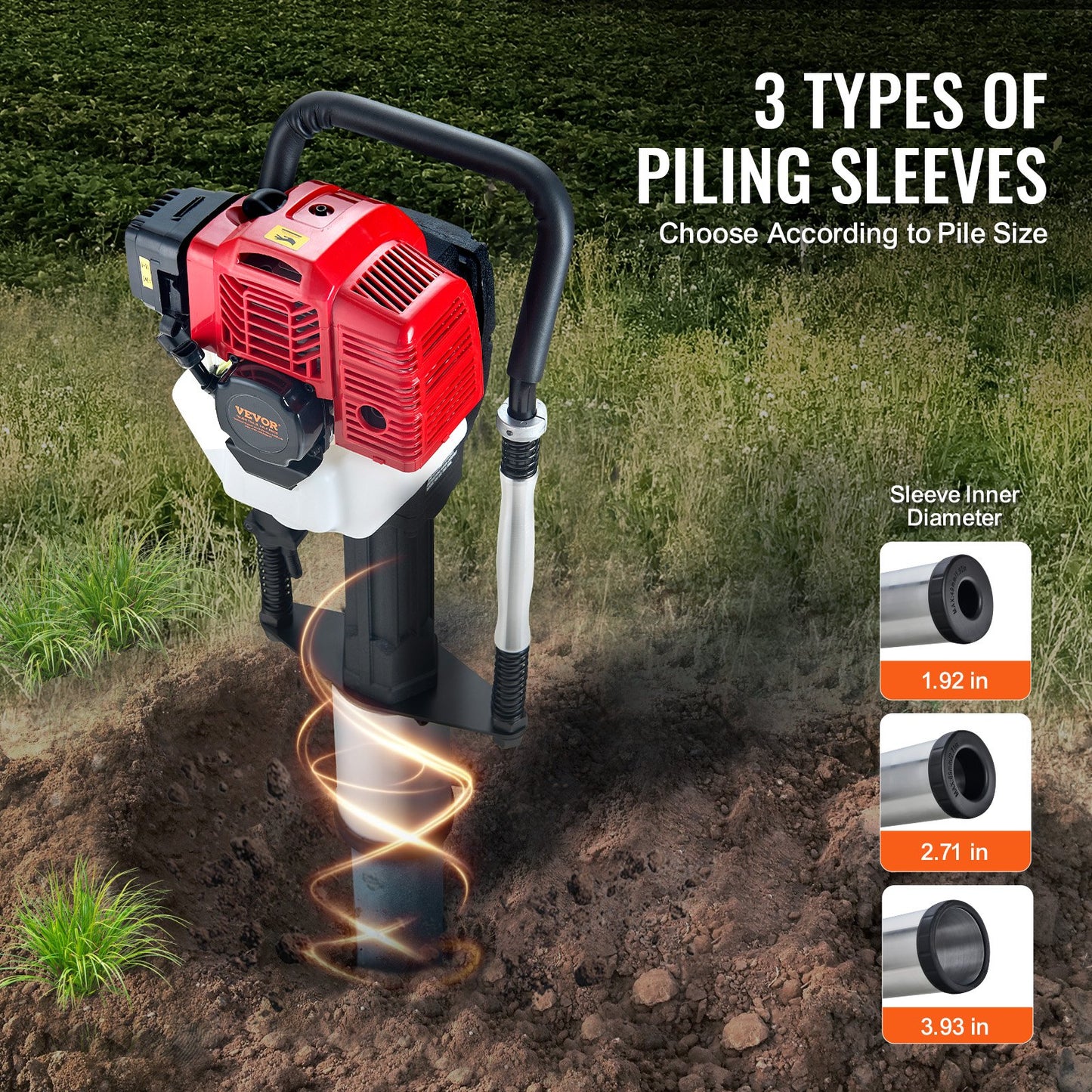 52cc Gas-Powered T Post Driver, 2-Stroke Engine Gasoline Fence Piling Pounder, 1400W Portable Piledriver with 3 Post Driving Head(49/69/100 mm) , For Farm, Ranch Fencing, Road Improvements