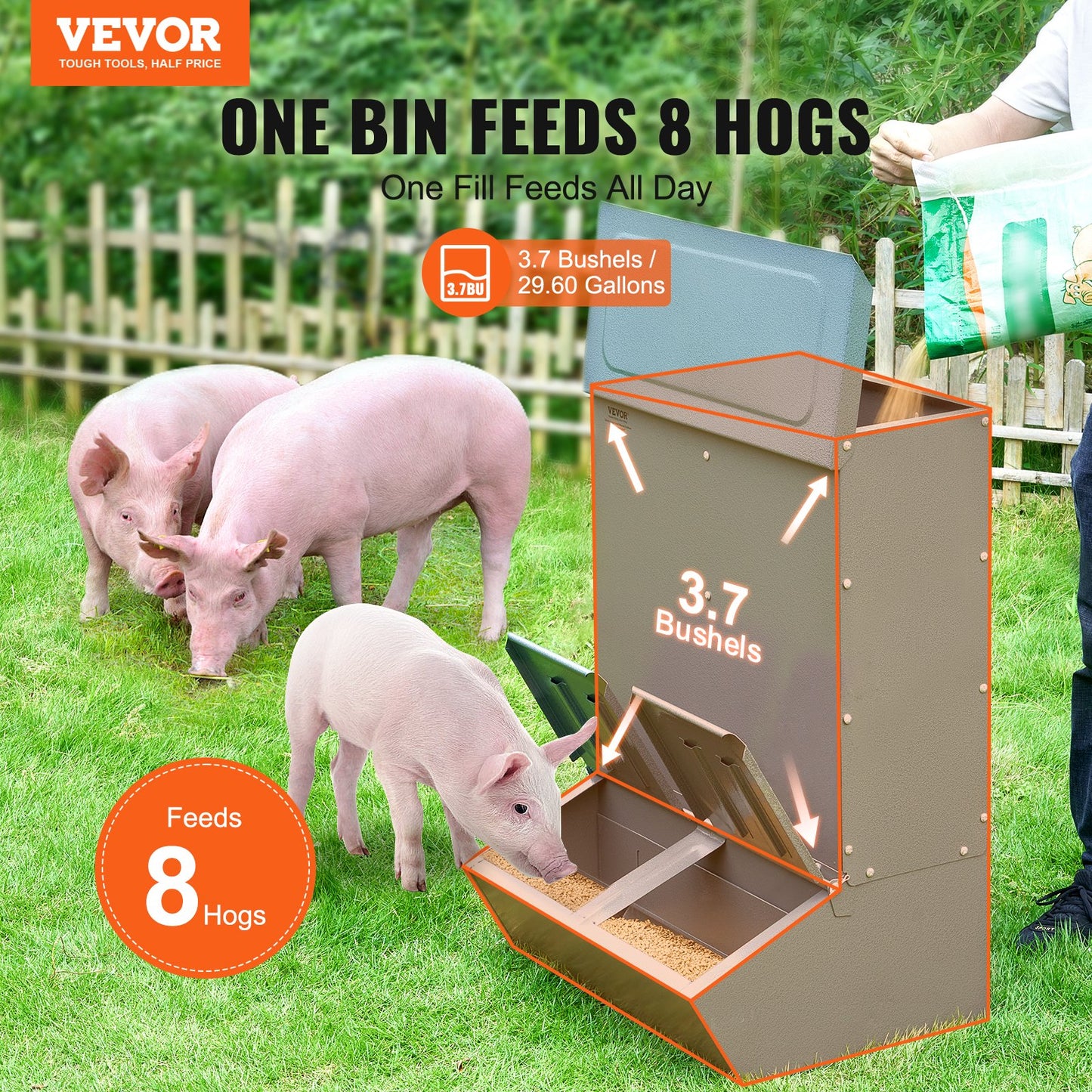 Hog Feeder, 3.7 Bushel Capacity, Double Door Pig Feeder, Heavy Duty Steel Piglets Feeder, Multipurpose Trough Creep Feeder, Outdoor Livestock Feeder Farm Accessory for Feeding up to 8 Hogs