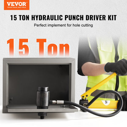 15 Ton Hydraulic Knockout Punch Driver Kit Hole Tool 12.7mm-101.6mm with 10 Dies