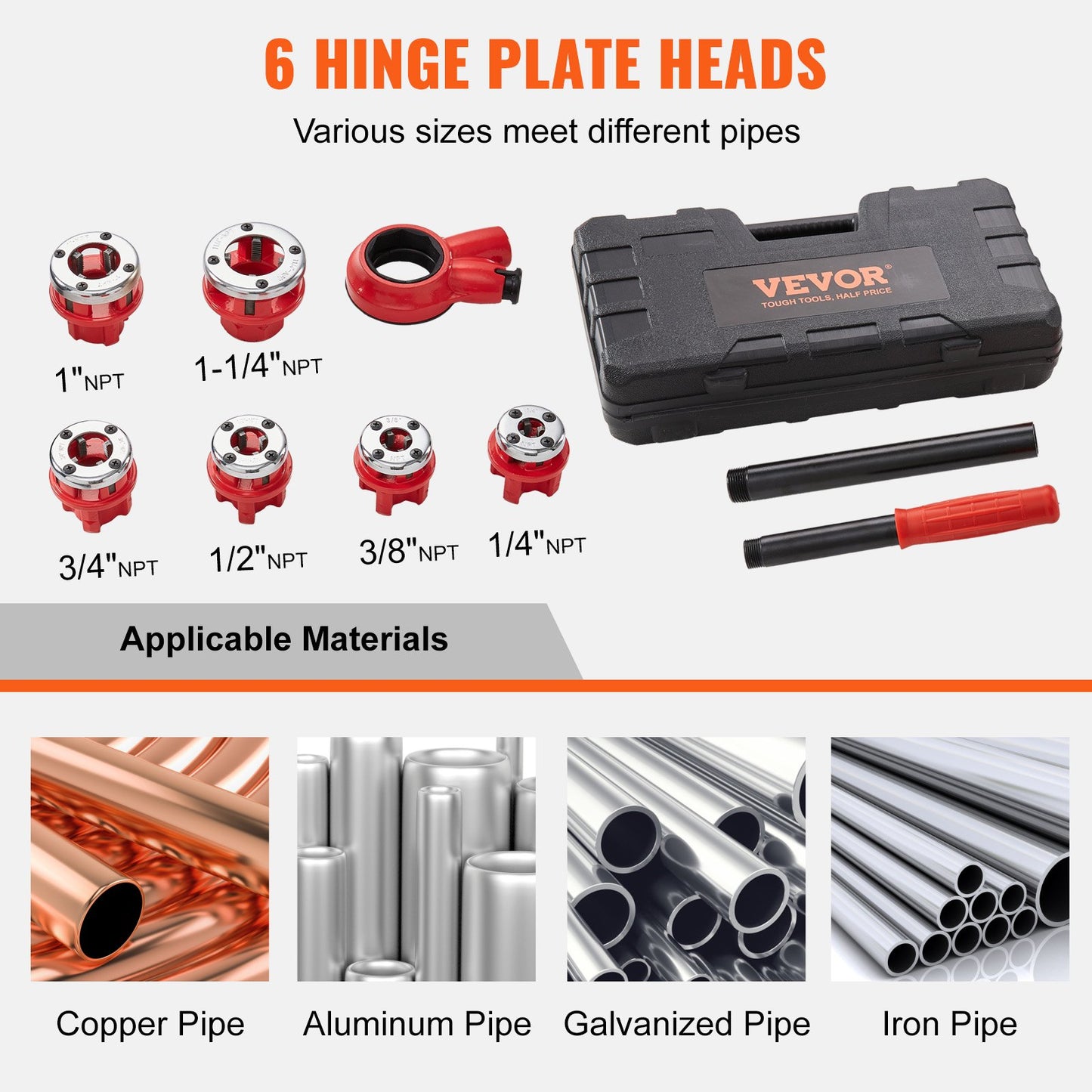 Ratschen-Rohrgewindeschneidset, 6,4 mm NPT – 32 mm NPT, manueller Ratschen-Rohrgewindeschneidschneider, tragbares Rohrgewindeschneidwerkzeug-Set mit 6 NPT-Schneidbacken, Aufbewahrungskoffer für verzinkte Aluminium-, Eisen- und Kupferrohre
