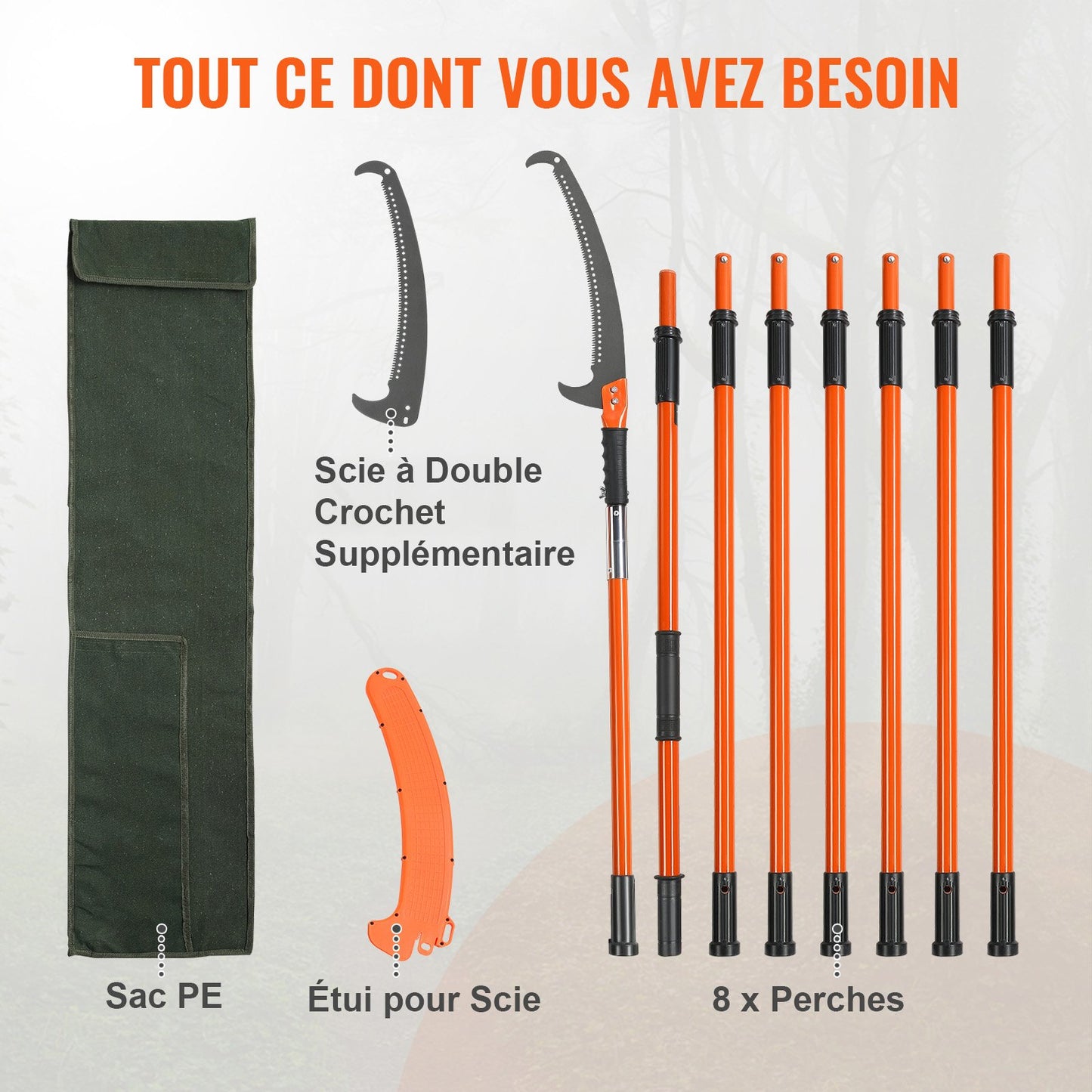 Manual Pole Saw, 2.2 - 8.2 m Extendable Tree Pruner, Sharp Steel Blade High Branches Trimming, Manual Branch Trimmer with Lightweight 2.4 m Fiberglass Handles, for Pruning Palms and Shrubs