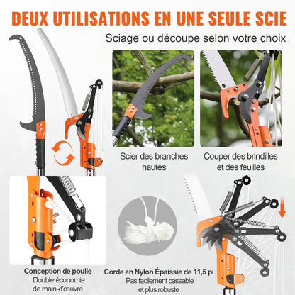 Manual Pole Saw, 2.2-8.2 m Extendable Tree Pruner, Sharp Steel Blade and Scissors High Branches Trimming, Branch Trimmer with Lightweight 2.4 m Fiberglass Handles, for Pruning Palms and Shrubs