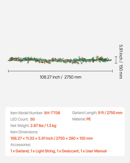 Christmas Garland, 2750mm Artificial Christmas Garland with Light String, Faux Greenery Decoration with Berry Clusters, Pine Needles, Pine Cones, Realistic Xmas Collection for Mantel Fireplace