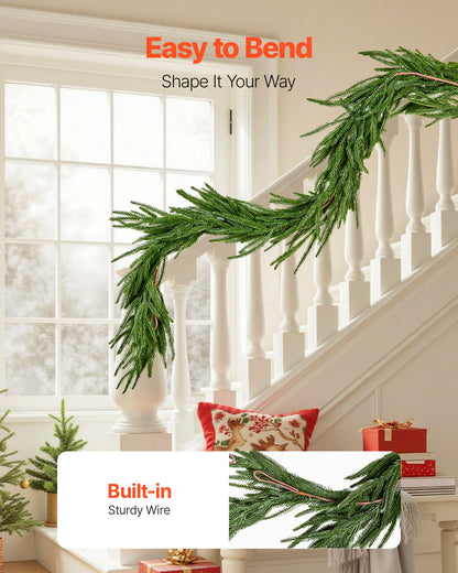 Weihnachtsgirlande, 1524 mm realistische Norfolk-Kieferngirlande, immergrüne, echt wirkende künstliche Grüngirlande, für die festliche Weihnachtsdekoration im Innen- und Außenbereich auf Tisch, Kaminsims und Kamin
