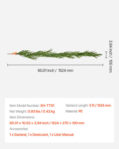 Weihnachtsgirlande, 1524 mm realistische Norfolk-Kieferngirlande, immergrüne, echt wirkende künstliche Grüngirlande, für die festliche Weihnachtsdekoration im Innen- und Außenbereich auf Tisch, Kaminsims und Kamin