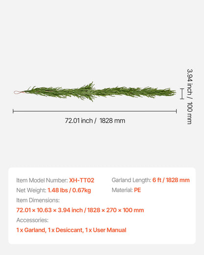 Weihnachtsgirlande, 1828 mm realistische Norfolk-Kieferngirlande, immergrüne, echt wirkende künstliche Grüngirlande, für die festliche Weihnachtsdekoration im Innen- und Außenbereich auf Tisch, Kaminsims und Kamin