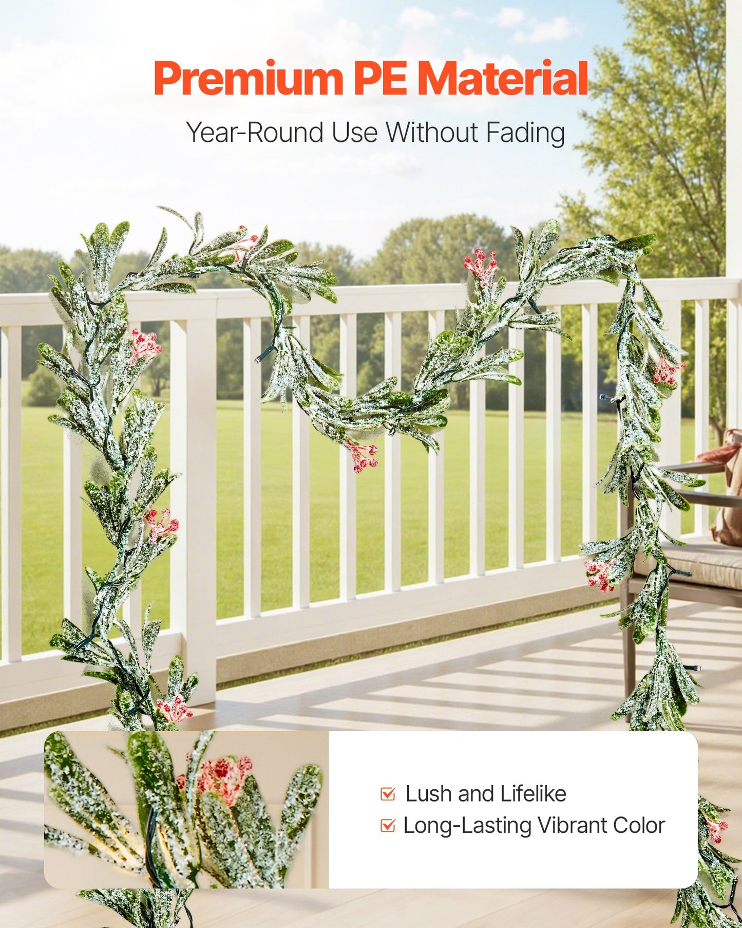 Weihnachtsgirlande, 2011 mm, realistische, mit Ranken, Olivenblättern und Beeren verzierte, immergrüne Kunstgirlande mit Lichterkette für die Weihnachtsdekoration im Innen- und Außenbereich, z. B. auf dem Kaminsims.