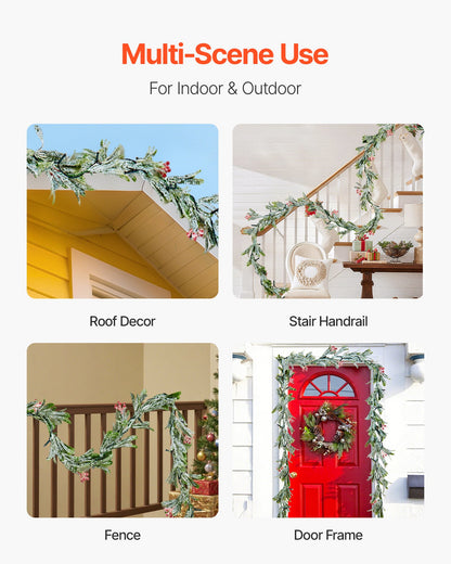 Weihnachtsgirlande, 2011 mm, realistische, mit Ranken, Olivenblättern und Beeren verzierte, immergrüne Kunstgirlande mit Lichterkette für die Weihnachtsdekoration im Innen- und Außenbereich, z. B. auf dem Kaminsims.