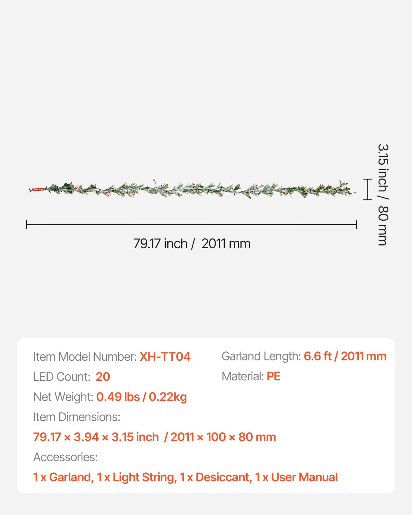 Weihnachtsgirlande, 2011 mm, realistische, mit Ranken, Olivenblättern und Beeren verzierte, immergrüne Kunstgirlande mit Lichterkette für die Weihnachtsdekoration im Innen- und Außenbereich, z. B. auf dem Kaminsims.