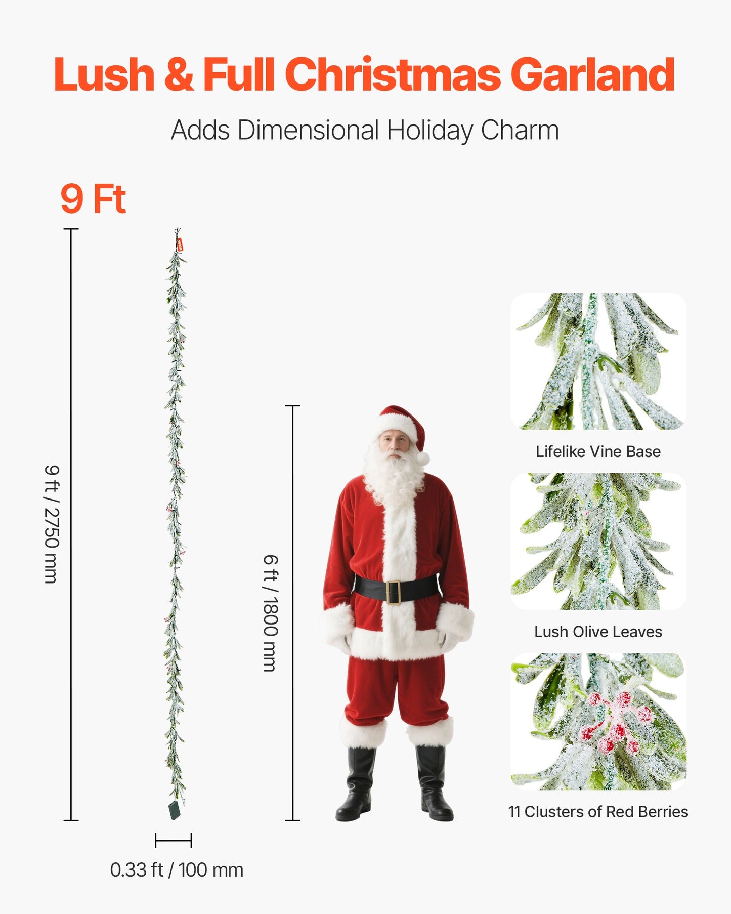 Weihnachtsgirlande, 2750 mm, realistische Tannenzweige, dekoriert mit Ranken, Olivenblättern und Beeren, künstliche Tannengirlande mit Lichterkette für die Weihnachtsdekoration im Innen- und Außenbereich, z. B. auf dem Kaminsims.